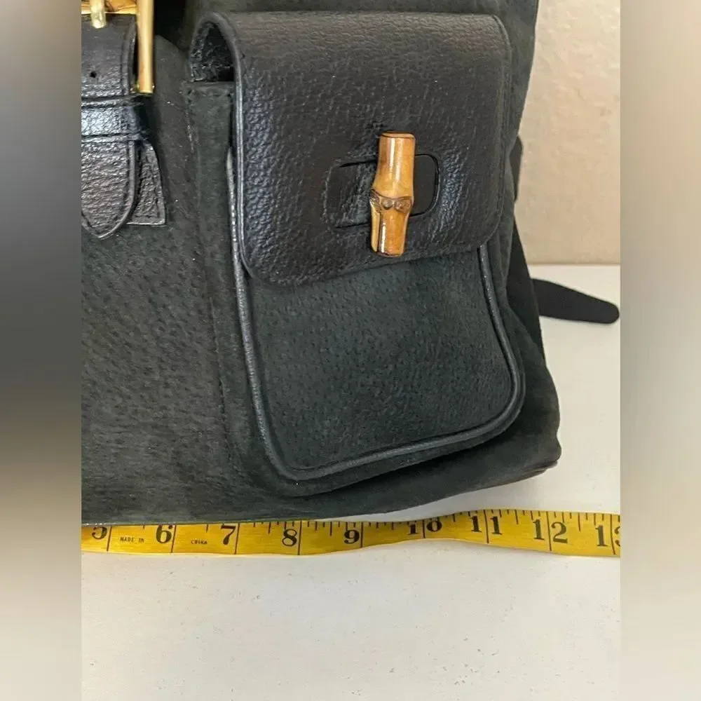 Gucci Black Suede Backpack with Bamboo Details
